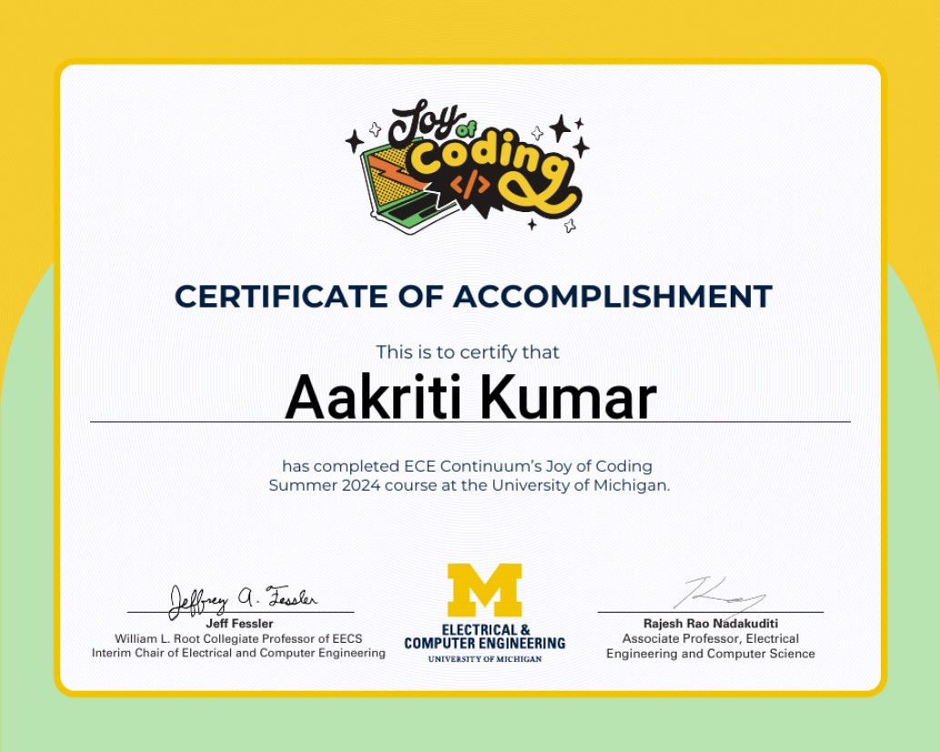 Certificate of Accomplishment for ECE Continuum's Joy of Coding course completion thumbnail