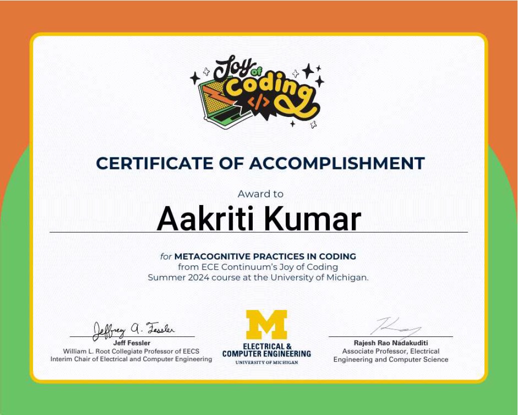 Certificate of Accomplishment from ECE Continuum's Joy of Coding, Metacognitive Practices thumbnail